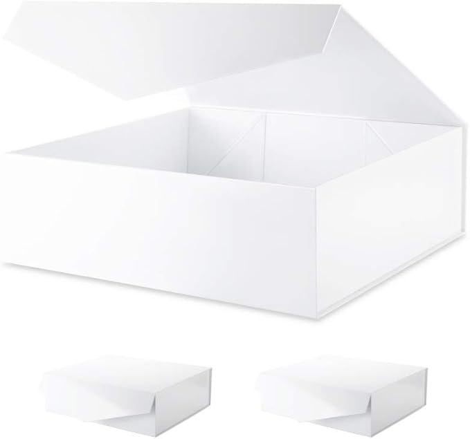 BLK&WH 3 Extra Large Gift Boxes with Lids 16.3x14.2x5 Inches, White Gift Boxes Closure Lids for Clothes and Large Gifts (Glossy White)