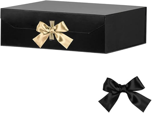 Extra Large Black Gift Box 16x14x5.3 Inches, Big Gift Box with Ribbon, Gift Box with Lid Magnetic Closure, Groomsman Proposal Box, Rectangle Collapsible Gift Boxes for Clothes (Glossy Black)
