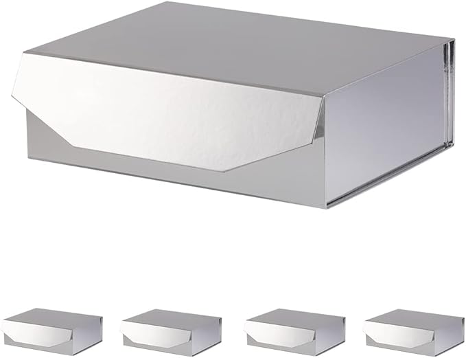 5 Silver Large Gift Boxes with Lid 13x9x4 Inches, Bridesmaid Proposal Boxes, Hard Collapsible Gift Box with Magnetic Closure, Groomsman Box Reusable Gift Boxes for Clothes (Glossy Silver)