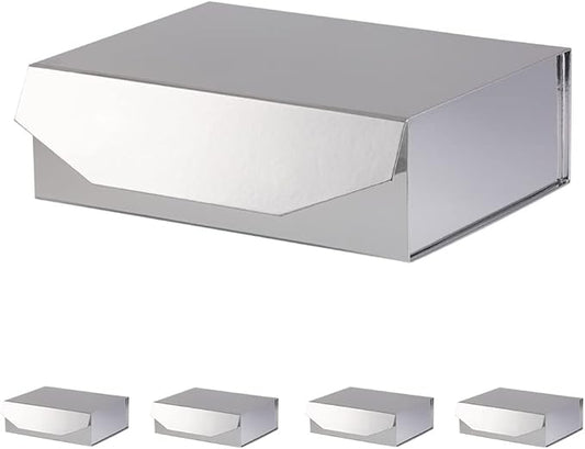 5 Silver Large Gift Boxes with Lid 13x9x4 Inches, Bridesmaid Proposal Boxes, Hard Collapsible Gift Box with Magnetic Closure, Groomsman Box Reusable Gift Boxes for Clothes (Glossy Silver)