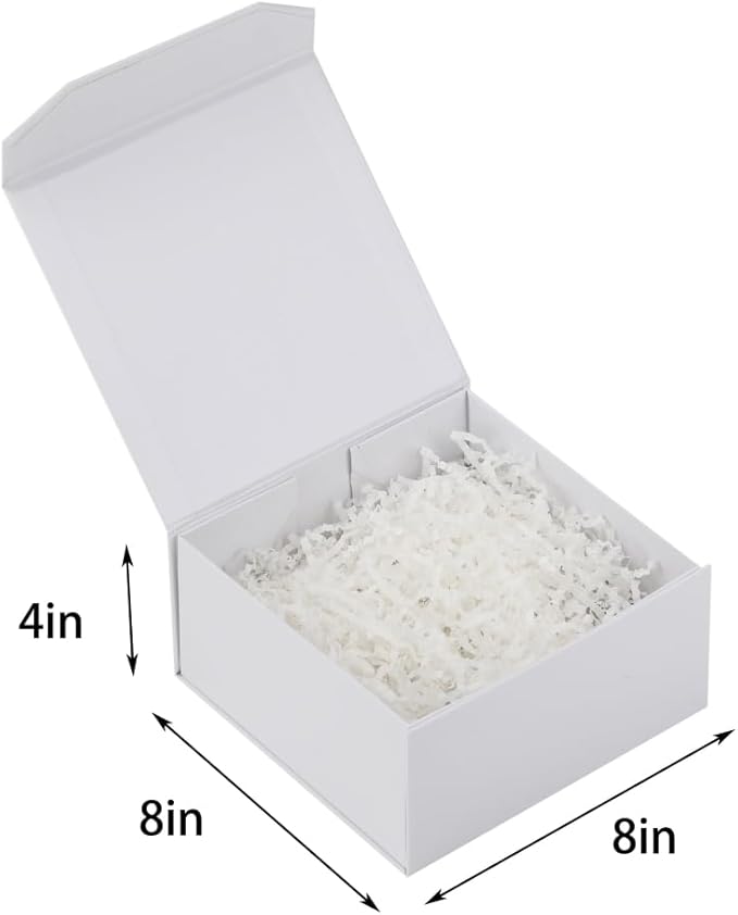 1 Pcs Small White Gift Box 8x8x4 Inch Magnetic Gift Box Small Magnetic Box with Crinkle Paper White Small Gift Box with Shredded Paper Luxury Gift Boxes with Lids for Presents