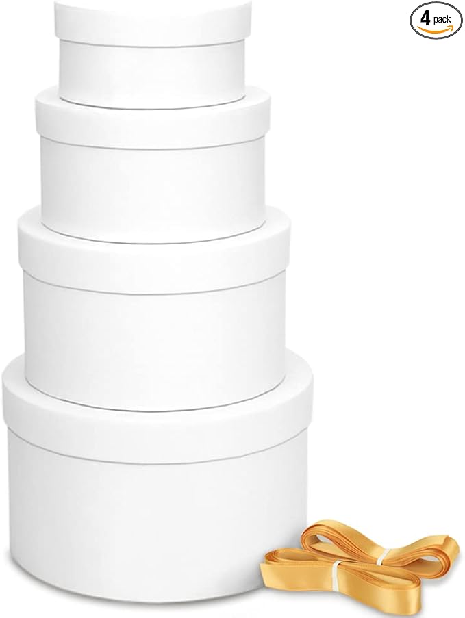 Bengnkes Round Gift Box White Gift Boxes with Lids for Presents 4 Packs Luxury Nesting Gift Boxes Small with 17ft Ribbon for Bridesmaid Valentines Mother's day Graduation