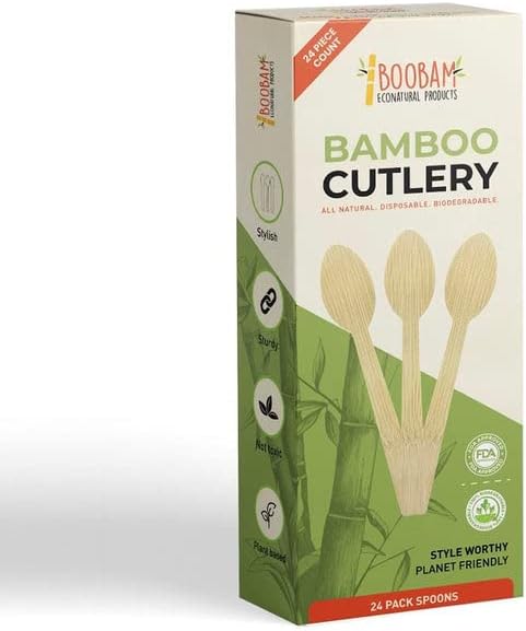 Boobam Econatural Products Bamboo Utensils - Natural Disposable Wooden Cutlery for Party, Eating, Camping, Picnic, Wedding, Birthday - Eco-Conscious Plant-Based Compostable Spoons - Box of 24 Pieces
