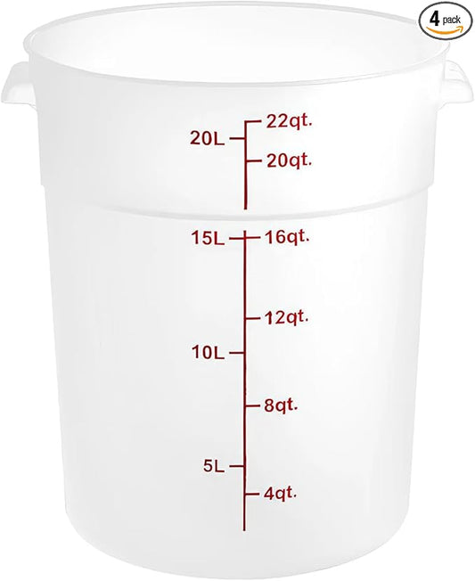 22 Qt Commercial Food Storage Container with Lid Set - Round Translucent Polypropylene with Red Graduations, NSF Listed, BPA-Free for Restaurant Kitchen Organization (4)