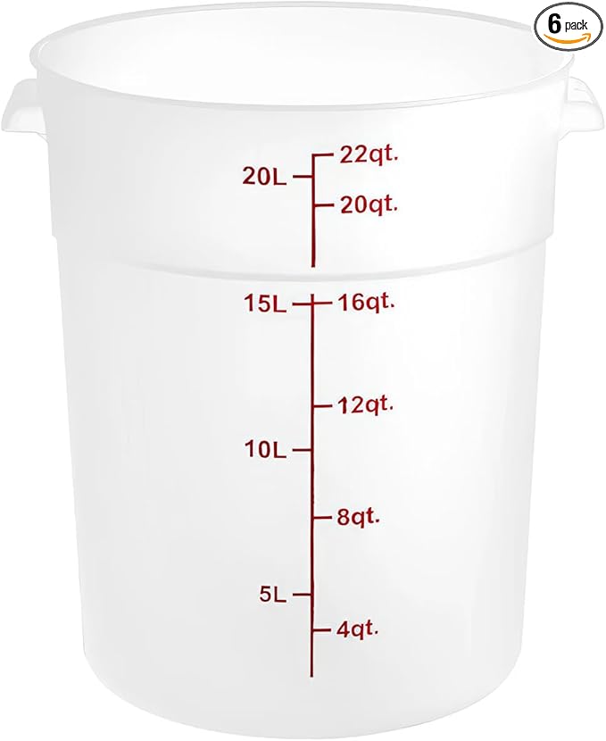 22 Qt Commercial Food Storage Container with Lid Set - Round Translucent Polypropylene with Red Graduations, NSF Listed, BPA-Free for Restaurant Kitchen Organization (6)