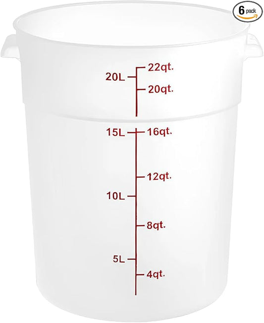 22 Qt Commercial Food Storage Container with Lid Set - Round Translucent Polypropylene with Red Graduations, NSF Listed, BPA-Free for Restaurant Kitchen Organization (6)
