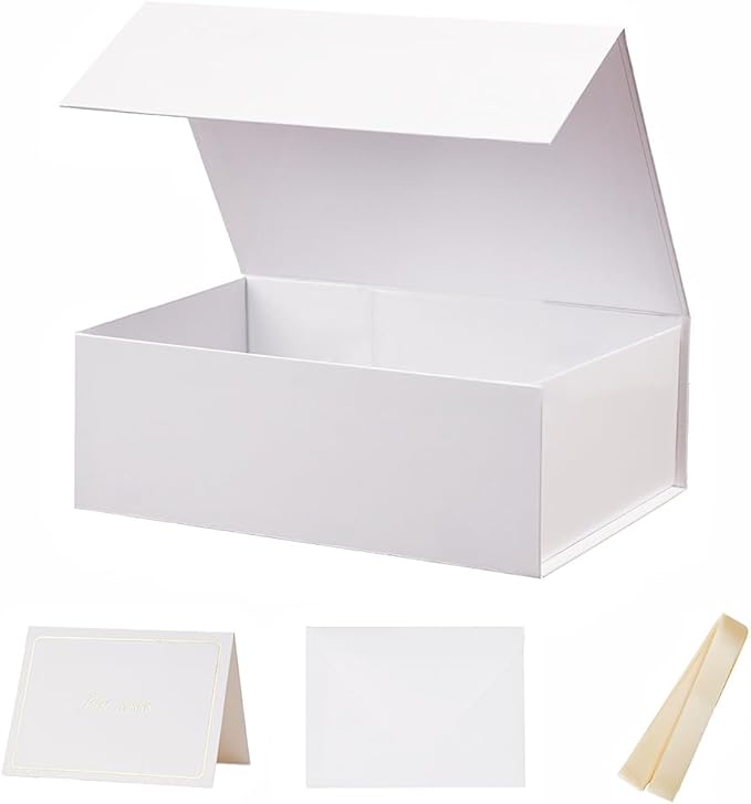 UoeRing 1 Pcs White Gift Box,11.5x8x4 Magnetic Gift Box for Presents with Lids Rectangle Collapsible for Bridesmaid Proposal Box,Wedding,Christmas,Birthday Gift Packging with Ribbon Card Envelope