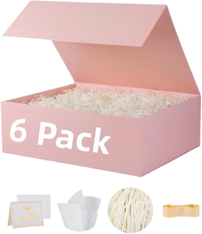 UoeRing 6 Pack Pink Gift Box Large 13.5x11.8x4.7 inch Luxury Bridesmaid Proposal Box for Presents with Magnetic Closure Lid Collapsible,Contains Card, Ribbon, Tissue Paper,Shredded Paper Filler