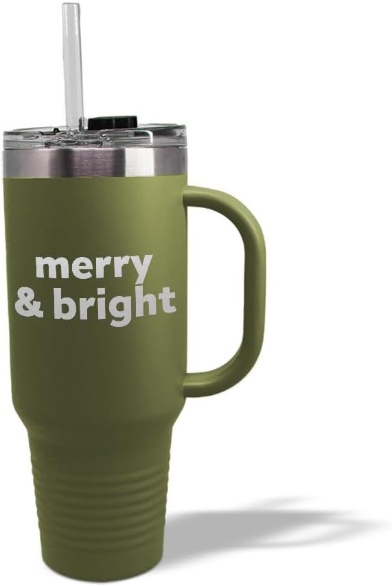 Speedy Pros Tumbler Cups with Straw Merry & Bright Christmas Xmas Coffee Tumbler with Lid Personalized Insulated Travel Mugs Engraved Stainless-Steel 40 Oz Forest Green Design Only