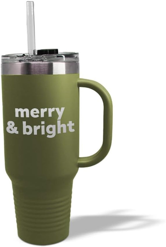 Speedy Pros Tumbler Cups with Straw Merry & Bright Christmas Xmas Coffee Tumbler with Lid Personalized Insulated Travel Mugs Engraved Stainless-Steel 40 Oz Forest Green Design Only