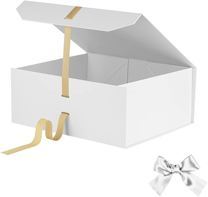 White Large Gift Box 13x11x5.3 Inches With Ribbon, Lid Magnetic Closure, Christmas, Rectangle Collapsible for Men Shoes (Matte White)