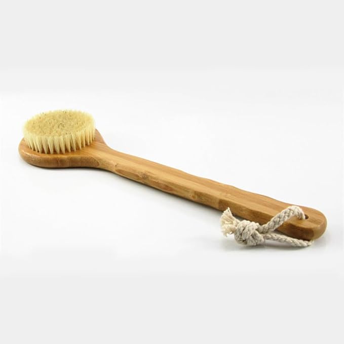 12.6" Long Handle Dry Bath Body Brush Back Scrubber, Bamboo Handle Bath Shower Brush Scrubber with Natural Boar Bristles, Good for Detox, Exfoliating, Cellulite, Blood Circulation, etc.