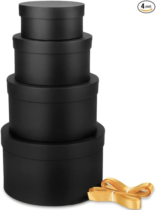 Bengnkes Round Gift Box Black Gift Boxes with Lids for Presents 4 Packs Luxury Nesting Gift Boxes Small with 17ft Ribbon for Bridesmaid Valentines Mother's day Graduation