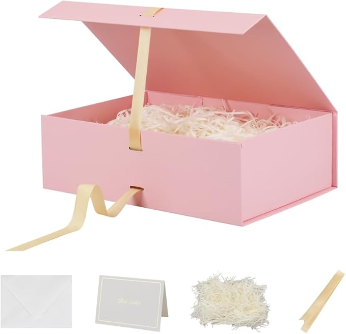 BoxSkivra Large Gift Boxes with Lids 5 Pack 13X9X4 Inch Large Pink Gift Box with Ribbon Foldable Gift Boxes for Presents、Bridesmaid Proposal Box、Wedding Gifts、Shredded Paper Filler & Cards
