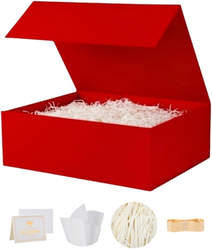 UoeRing 1 Pcs Red Gift Box Large 13.5x11.8x4.7 inch Luxury Gift Box for Presents with Magnetic Closure Lid Collapsible,Birthday,Christmas,Contains Card, Ribbon, Tissue Paper,Shredded Paper Filler