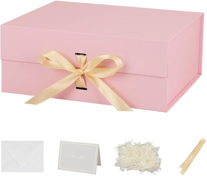 Large Gift Boxes with Lids 5 Pack 13X11X5.3 Inch Large Pink Gift Box with Ribbon Foldable Gift Boxes for Presents、Graduation、Birthdays、Valentine's day、Shredded Paper for Gift Box with Cards