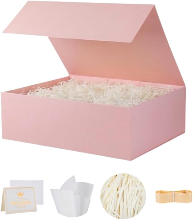 UoeRing 1 Pcs Pink Gift Box 11.5x8x4 inch Luxury Gift Box for Presents with Magnetic Lid Collapsible,Birthday,Christmas,Contains Card, Ribbon, Tissue Paper,Shredded Paper Fille