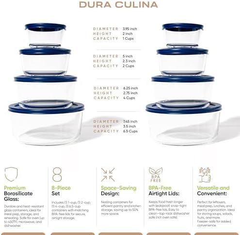 DURA LIVING 16-Piece Glass Food Storage Containers Set (8 Containers + 8 Lids) | Round, Nesting, Microwave & Dishwasher Safe | BPA-Free, Space-Saving | Blue Lids for Pantry & Kitchen Organization