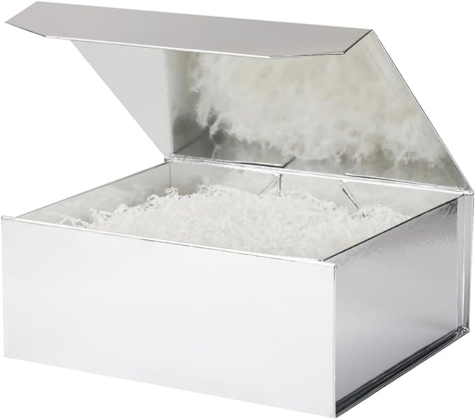 Silver Gift Box - Large 13x11x5.3 Inch - Modern Style - Magnetic Lid - Crinkle Paper - Luxury Gift Box with Lid for Presents