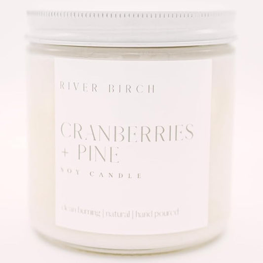 River Birch Candles Cranberries & Pine Scented Candle | Premium, All-Natural, Non-Toxic, Soy Candles | 16oz 90 Hr Burn Time | Cozy Relaxing Gifts for Home