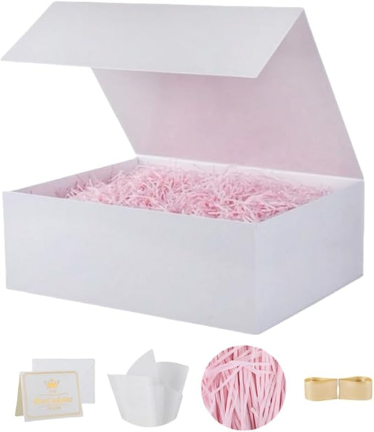 UoeRing 1 Pcs White Gift Box Large 13.5x11.8x4.7 inch Luxury Gift Box for Presents with Magnetic Closure Lid Collapsible,Birthday,Christmas,Contains Card, Ribbon, Tissue Paper,Shredded Paper Filler