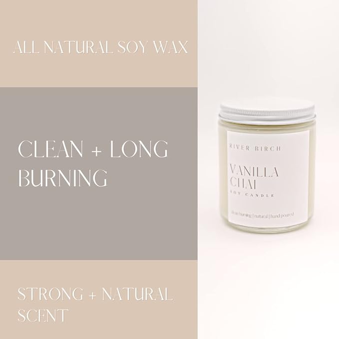 River Birch Candles Vanilla Chai Scented Candle | Premium, All-Natural, Non-Toxic, Soy Candles | 8.5oz 40 Hr Burn Time | Cozy Relaxing Gifts for Home