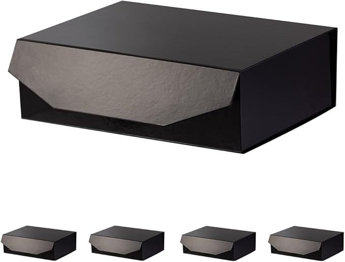 5 Black Large Gift Boxes with Lid 13x9x4 Inches, Bridesmaid Proposal Boxes, Hard Collapsible Gift Box with Magnetic Closure, Groomsman Box Reusable Gift Boxes for Clothes (Glossy Black)