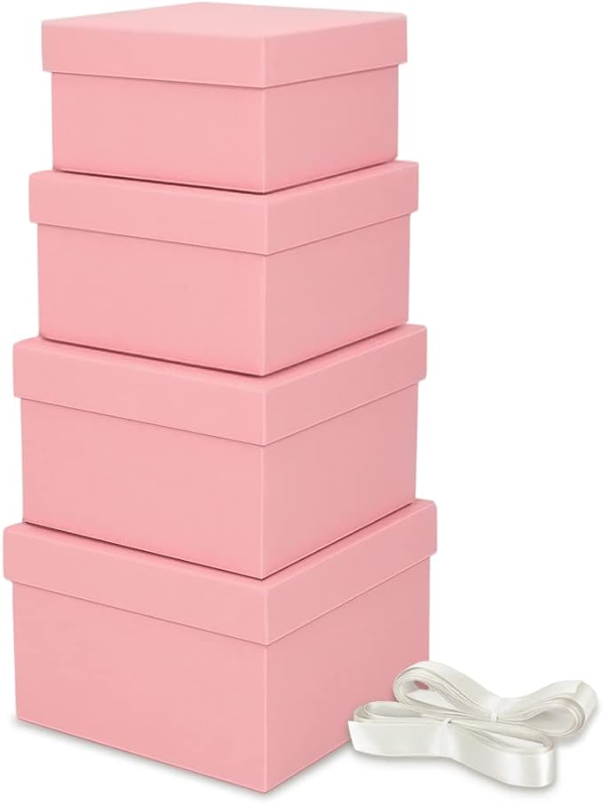Bengnkes Pink Gift Box Small Gift Boxes with Lids for Presents 4 Packs Square Luxury Nesting Gift Boxes with 17ft Ribbon for Birthday Bridesmaid Wedding Christmas Proposal