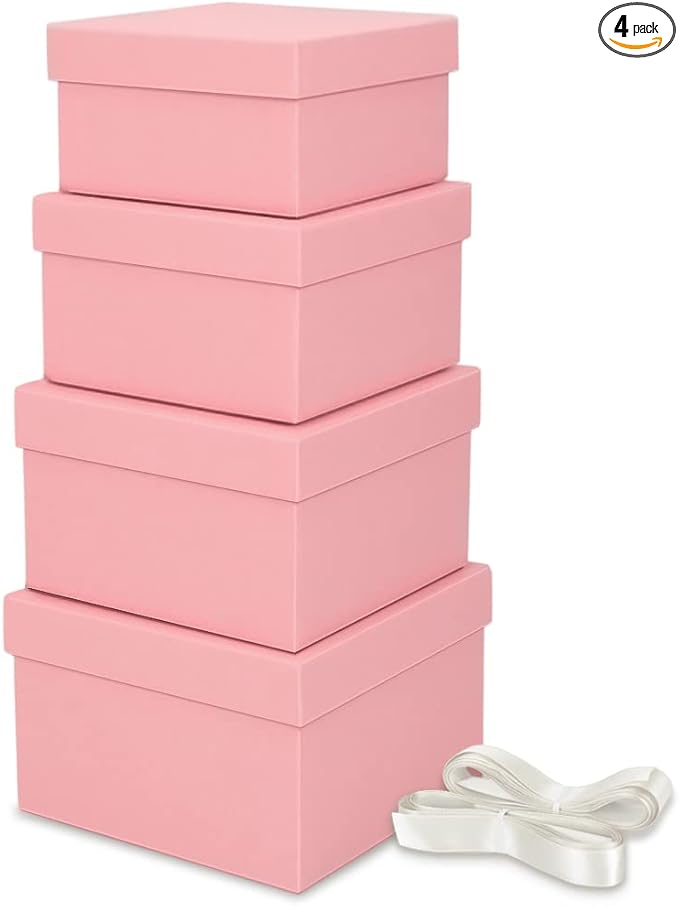 Bengnkes Pink Gift Box Small Gift Boxes with Lids for Presents 4 Packs Square Luxury Nesting Gift Boxes with 17ft Ribbon for Birthday Bridesmaid Wedding Christmas Proposal
