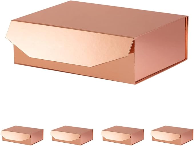5 Rose Gold Large Gift Boxes with Lid 13x9x4 Inches, Bridesmaid Proposal Boxes, Hard Collapsible Gift Box with Magnetic Closure, Groomsman Box Reusable Gift Box for Cloth (Glossy Rose Gold)