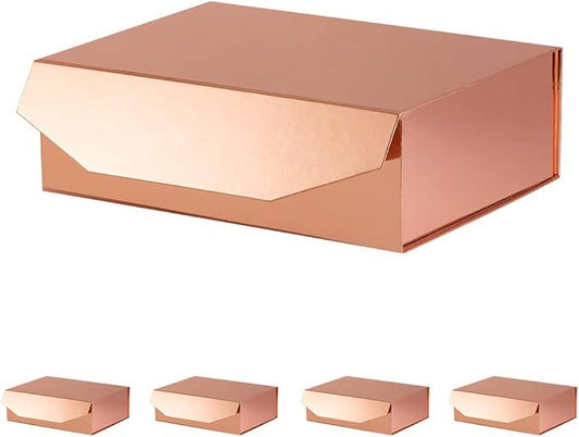 5 Rose Gold Large Gift Boxes with Lid 13x9x4 Inches, Bridesmaid Proposal Boxes, Hard Collapsible Gift Box with Magnetic Closure, Groomsman Box Reusable Gift Box for Cloth (Glossy Rose Gold)