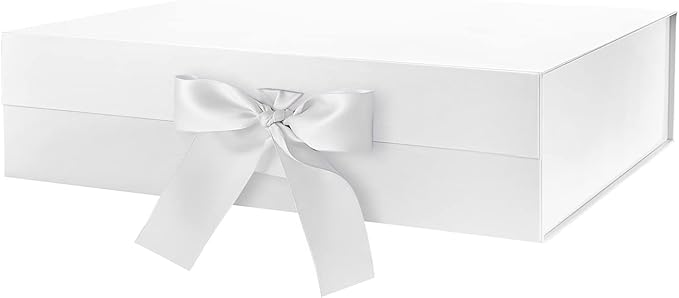 BLK&WH Gift Box with Ribbon, 13.5x9x4.1 Inches, White, Bridesmaid Proposal, Luxury Magnetic Box for Presents