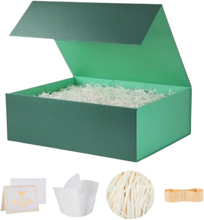 UoeRing 1 Pcs Green Gift Box 11.5x8x4 inch Luxury Gift Box for Presents with Magnetic Lid Collapsible,Birthday,Christmas,Contains Card, Ribbon, Tissue Paper,Shredded Paper Fille