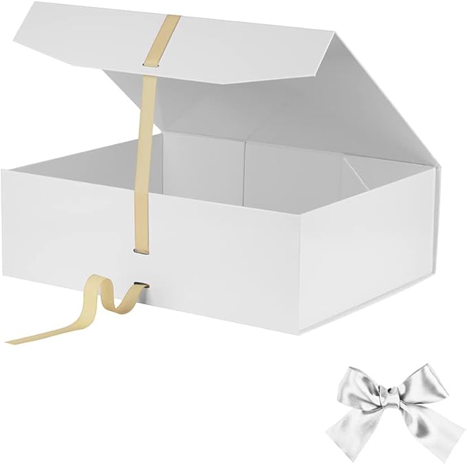 Extra Large White Gift Box 16x14x5.3 Inches, Gift Box with Ribbon Lid Magnetic Closure, Groomsman Proposal Box, Rectangle Collapsible Gift Boxes for Large Gifts (Glossy White)
