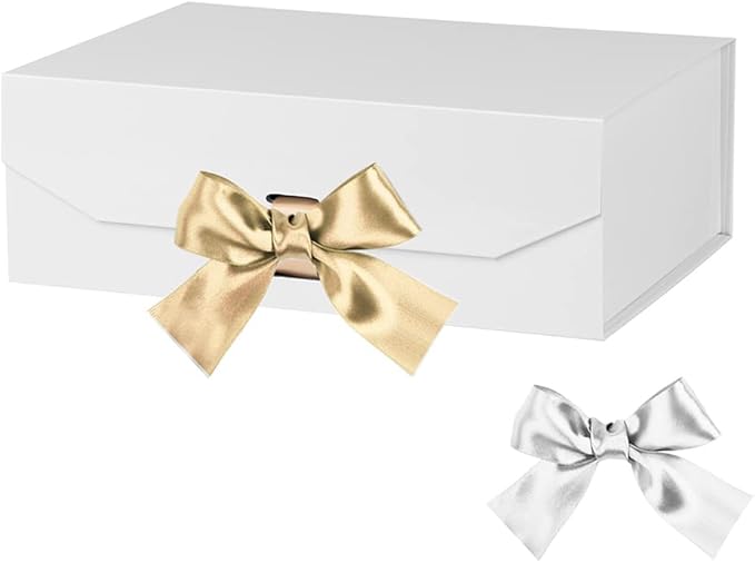 White Gift Box 10x7.3x3.5 Inches, Decorative Box with Ribbon, Empty Gift Box with Lid Magnetic Closure, Groomsman Box, Rectangle Collapsible Gift Boxes for Shirt (Glossy White)
