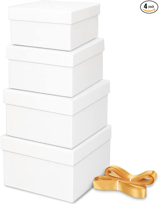 Bengnkes White Gift Box Small Gift Boxes with Lids for Presents 4 Packs Square Luxury Nesting Gift Boxes with 17ft Ribbon for Birthday Bridesmaid Wedding Christmas Proposal