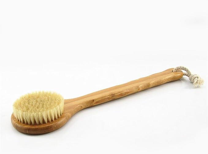 12.6" Long Handle Dry Bath Body Brush Back Scrubber, Bamboo Handle Bath Shower Brush Scrubber with Natural Boar Bristles, Good for Detox, Exfoliating, Cellulite, Blood Circulation, etc.