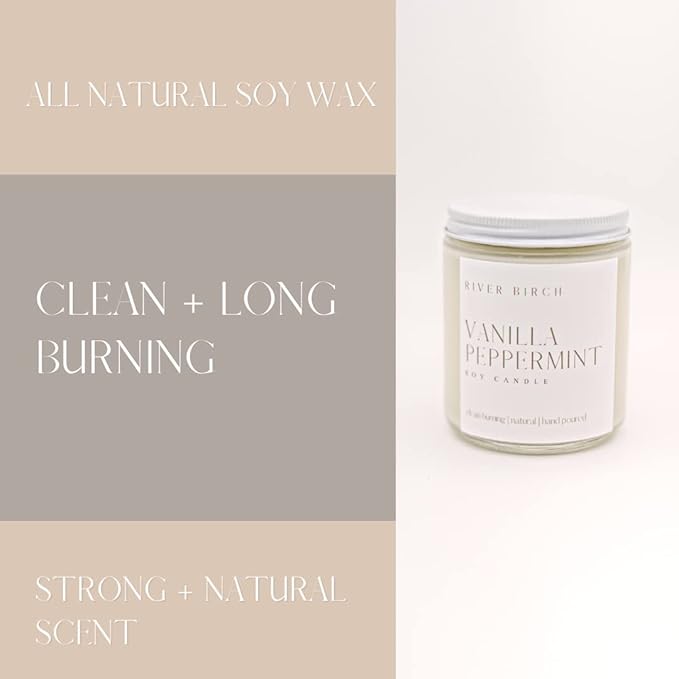 River Birch Candles Vanilla Peppermint Scented Candle | Premium, All-Natural, Non-Toxic, Soy Candles | 8.5oz 40 Hr Burn Time | Cozy Relaxing Gifts for Home
