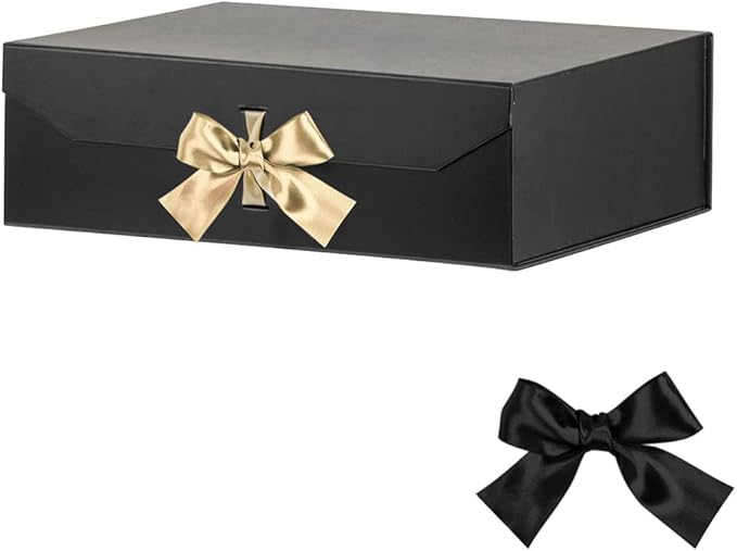 Black Extra Large Gift Boxes with Ribbon 16x14x5.3 Inches Gift Boxes with Lid Magnetic Closure, Groomsman Proposal Boxes, Rectangle Collapsible Boxes for Large Gifts (Matte Black)
