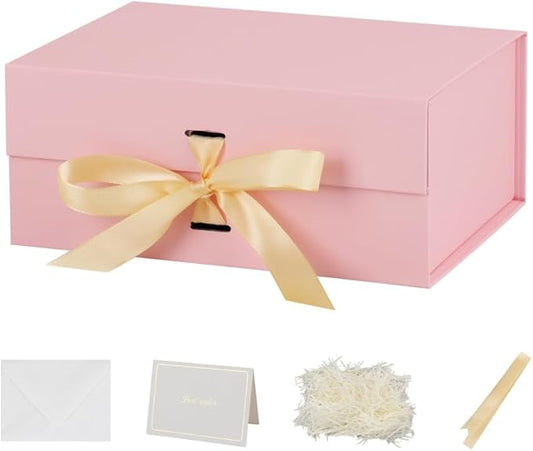BoxSkivra Pink Gift Box with Shredded Paper 1 Pack 9.5X7X4 Inch Small Magnetic Gift Box with Lid Rectangle Collapsible Luxury Box with Ribbon for Presents Crinkle Cut Paper Shred with Card