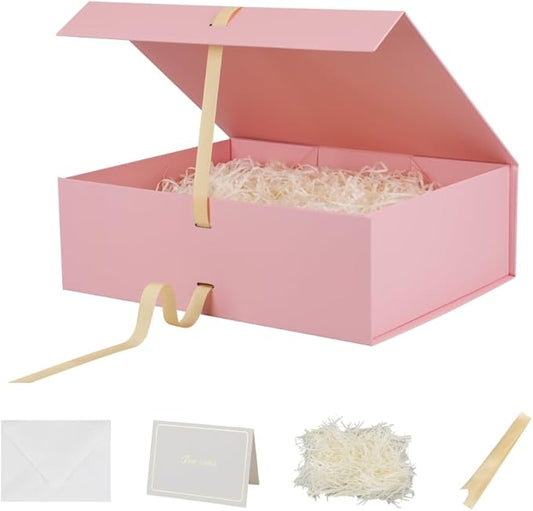 BoxSkivra Large Pink Gift Box with Ribbon 1 Pack 16.5X13X5.3 Inch Extra Large Gift Box with Lid Magnetic Closure Rectangle Collapsible Luxury Boxes for Mother's Day、Shredded Paper Filler & Card