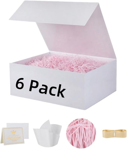 UoeRing 6 Pack White Gift Box 9.5x6x3 inch Small Luxury Gift Box for Presents with Magnetic Lid Collapsible,Bridesmaid Proposal,Contains Card, Ribbon, Tissue Paper,Shredded Paper Fille