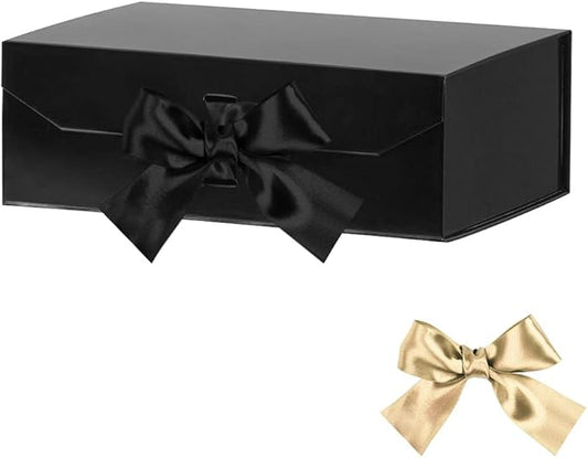 Black Gift Boxes for Presents 10x7.3x3.5 Inches, Decorative Boxes with Ribbons, Empty Gift Boxes with Lid Magnetic Closure, Groomsman Boxes Christmas (Glossy Black)