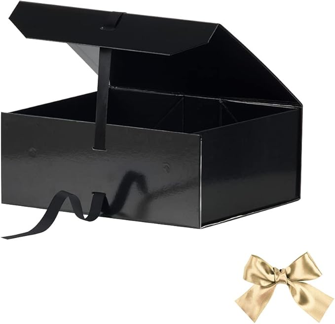 Black Large Gift Boxes 13x11x5.3 Inches, Gift Boxes with Ribbons, Gift Wrap Boxes with Lid Magnetic Closure, Christmas Gift Boxes, Rectangle Collapsible Gift Boxes for Men Shoes (Glossy Black)