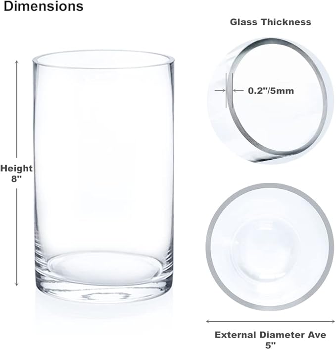 Enova Floral Set of 4 Clear Cylinder Glass Vase, 5W x 8H Inches Round Flowers Vase, Pillar Candle Floating Candle Holders, Floral Glass Vase for Home Office Decor, Wedding Centerpiece