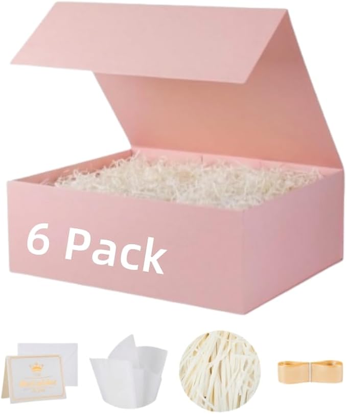 UoeRing 6 Pack Pink Gift Box 9.5x6x3 inch Small Luxury Gift Box for Presents with Magnetic Lid Collapsible,Bridesmaid Proposal,Contains Card, Ribbon, Tissue Paper,Shredded Paper Fille