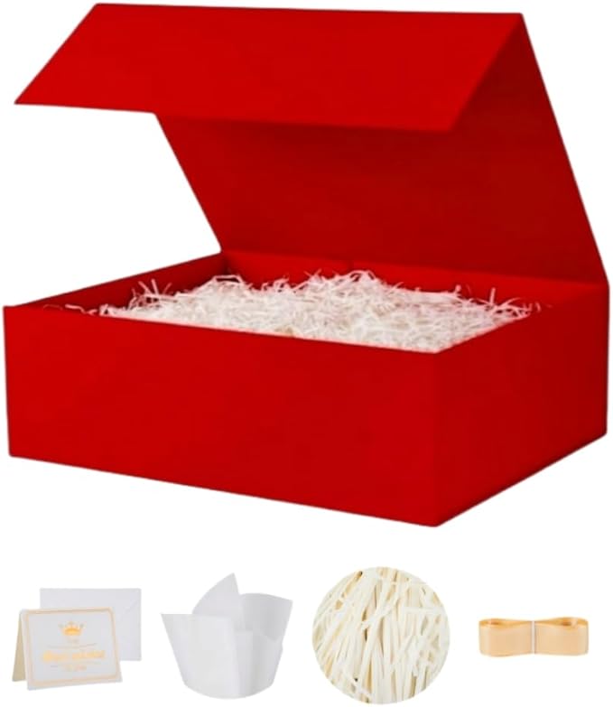 UoeRing 1 Pcs Red Gift Box 11.5x8x4 inch Luxury Gift Box for Presents with Magnetic Lid Collapsible,Valentine's Day,Christmas,Contains Card, Ribbon, Tissue Paper,Shredded Paper Fille