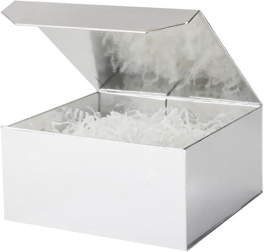 1 Pcs Small Silver Gift Box 8x8x4 Inch Magnetic Gift Box Small Magnetic Box with Crinkle Paper Silver Small Gift Box with Shredded Paper Luxury Gift Boxes with Lids for Presents