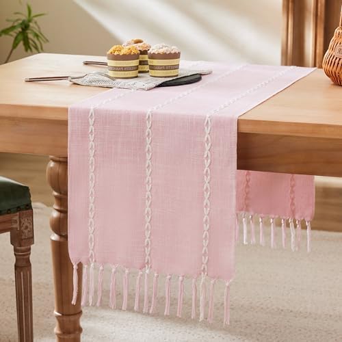 Braided Farmhouse Table Runner,Braided Pink 13x72 Inch, Cotton Linen Table Runners 72 Inches Long, Embroidered Striped Pink Boho Table Runner Rustic Home Decor