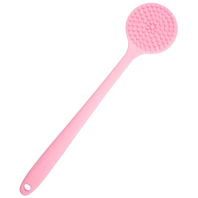 DNC Soft Silicone Back Scrubber Shower Bath Body Brush with Long Handle (Pink)